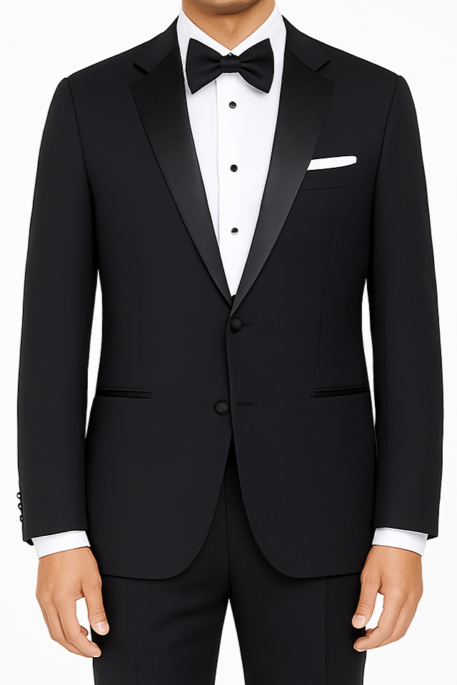 Black tuxedo with white shirt and black bow tie on a white background